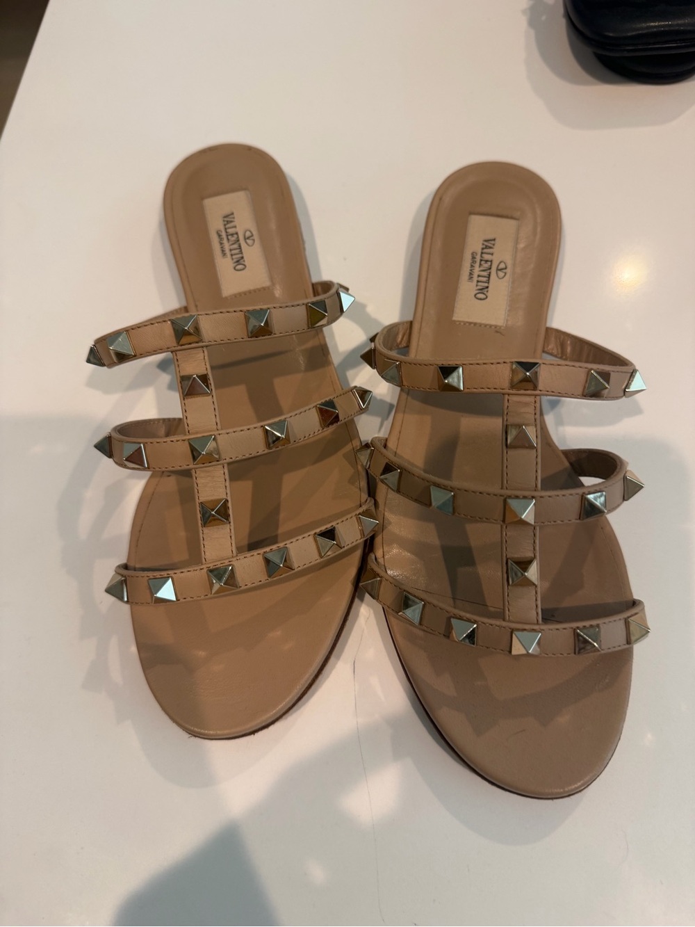 Valentino Garavani Nude/Tan Rockstud Triple-Strap Slide Sandals